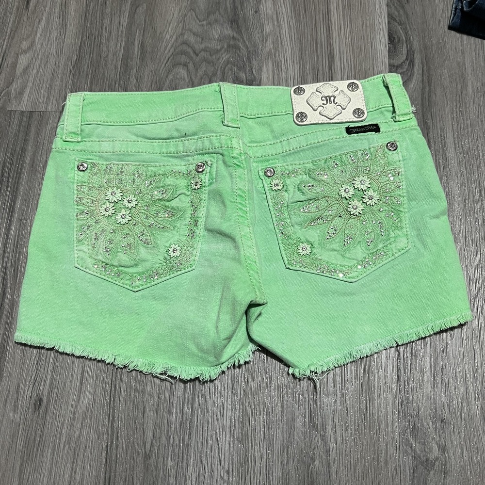 Miss Me Shorts Womens 29 Green Denim Cut Off Embroidered Rhinestone Pockets
